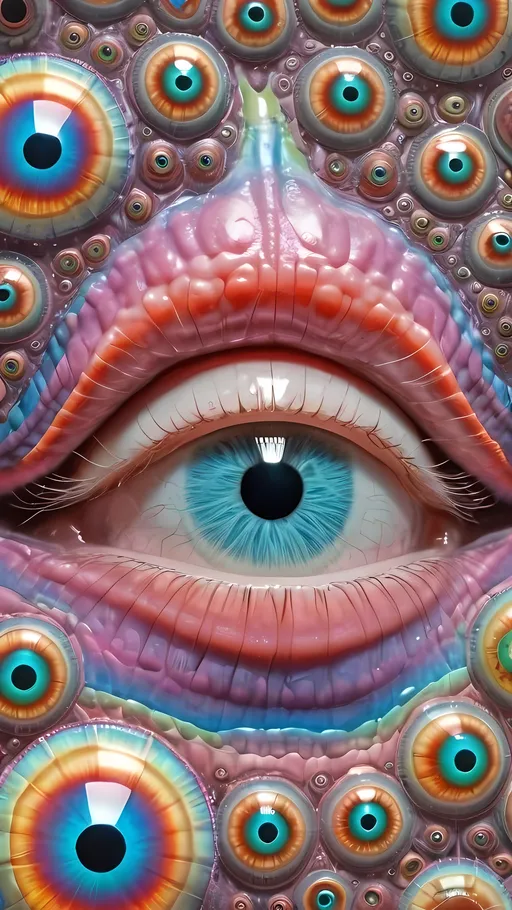 Prompt: an extremely hyper realistic ultra super textural weird trippy surreal psychedelic entity, Quadrifolium Curve, apollonian gaskets, catenoids, white, translucent, clear, bright bright feminine pastel colors, oil slick rainbow sheen effect, lots and lots of light, lots of crazy colorful compound psychedelic human eyes, rows of human teeth, fungus, atoms, diatoms, enneper sufaces, apollonian gaskets, Quadrifolium Curve