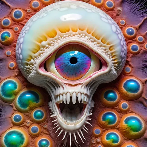 Prompt: Extremely hyperrealistic, ultra hypertextural psychedelic weird surreal hallucination entity creature, geometric interdimensional tesseract, translucent white, bright pastel colors, swirling rainbow oil slick sheen effect, lots of light,  fungus, mushroom, lots of trippy crazy psychedelic human eyes, human teeth, brains, skin, metal, silver, chrome, leather, feathers, scales, fur,  Chromatophore, pigment cell, melanophore, iridophore, leucophore, xanthophore, erythrophore, cyanophore, pigment granules, melanin, carotenoids, pteridines, guanine crystals, reflective platelets, dermal chromatophore unit, pigment dispersion, pigment aggregation, color change, adaptive coloration, cryptic coloration, aposematic coloration, structural coloration, biochromes, photophores, neuromuscular control, hormonal control, neural activation, physiological color change, morphological color change, chromatophore expansion, chromatophore contraction, cellular signaling, light reflection, light absorption, light scattering, iridescence, bioluminescence, pigment synthesis, pigment degradation, chromatophore patterning, environmental adaptation, camouflage, signaling, communication, behavioral adaptation., extreme organic textures, metallic textures