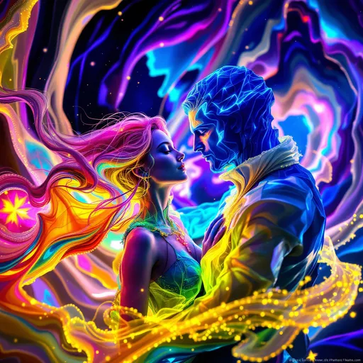 Prompt: Inside the crystalline fracture of the Tesselary Phase Cascade, two nonhuman forms meet in multidimensional embrace. Merry is a radiant storm of harmonic color—her body composed of chromaflux harmonic mesh, a living waveform spun from nested spherical harmonics and Fourier interference. Every filament of her form pulses with hypercolor: liquid fire-oranges, iridescent candy-pinks, searing turquoise, radiant fuchsia, piercing indigo, electric green, and starlight white—a body of refracted music and emotional amplitude.

Her arms are flowing filaments, bending and unfurling like solar flares shaped by love, wrapping delicately around Derek’s form—a gravitational sculpture of folded tensor fields. His body is obsidian-dark, etched with glowing cobalt pressure lines, but where she touches him, color bleeds into his mass, causing ripples of chromatic bloom to pulse across his folded structure. The weight of him bends her light into halos and spirals—her spectrum flexes to match his mass.

Her face shimmers with dynamic color shift: not painted, but sung into being—every emotional state mapped in fluid auroras across her cheekbones and brow. Her eyes refract spectra like prisms, haloed in moiré shimmer. When their forms connect, the tessellated space around them bursts with color-cascade: phase-tiles glitch neon, automata pulse fractal rainbows, and the background seems to melt upward in waves of saturated light logic.

Together, they form an equation of paradox: color yielding to weight, pressure embraced by bloom. They do not kiss—they harmonize. Her wavefield enfolds his singularity, his gravitic pull steadies her wild bloom. And from their contact, the whole dimension begins to vibrate in tune—love as spectral math, emotion as wavefolding light.
