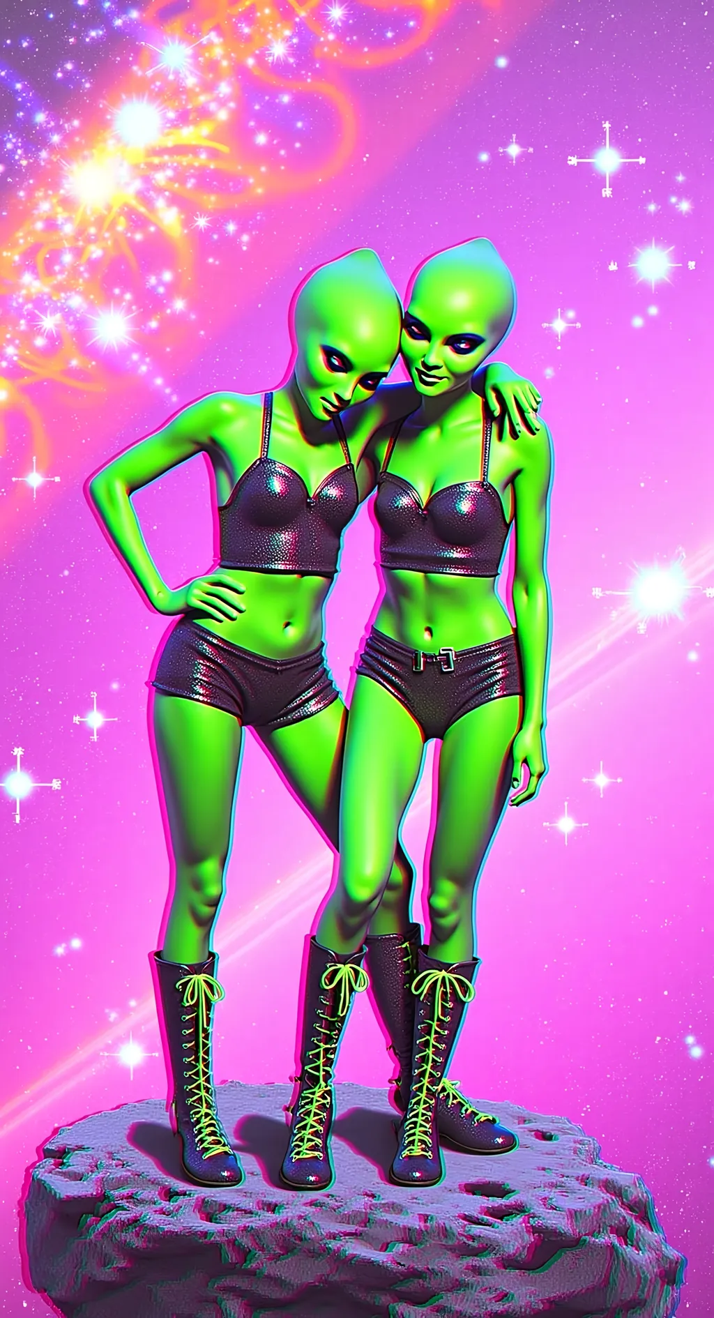 Prompt: Create an image of two female aliens, each with green skin, conical shaped bald heads, and large solid black almond shaped eyes, playfully side hugging on a rugged asteroid in space. Both are dressed in tight, shimmering crop tops with fishnet sleeves and short shorts, exuding a fun and carefree vibe. One alien is wearing knee-high boots with metallic accents, while the other sports ankle boots with bright neon laces. Their arms are wrapped around each other, and they are laughing, showcasing their playful friendship. The cosmic background is filled with stars and distant galaxies, but the entire scene is infused with digital chaos. Glitches ripple across the image, with pixelated distortions and colorful digital noise creating a dynamic, otherworldly atmosphere. The asteroid and their forms seem to flicker and shift, as if caught in a digital transmission error.