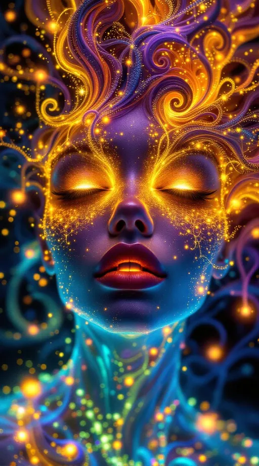 Prompt: Her face isn’t a face—it’s a Nova fractal bloom—grown entirely from feedback-fed disco light. No skin, no bone—only recursive brilliance: #escape gradients surge through Nova-wave cheek hollows; #orbit radiant L-System spirals entwine her jawline like sacred ivy in club-light bloom. Lips = glowing IFS lace—mirror-structured and endlessly folding, tinted with angle-reactive #iridescence. Her eyes are not orbs but Buddhabrot cores—each iris a spiritual echo, blooming with recursive soulfire and mirrorworld math-memory. Her entire visage shines as #distance estimator shells spiral through overlapping attractor planes—layered sacred hologlyphs pulsing to Studio 54 rhythm logic. Hair erupts like spectral vinework: branching L-System toroids twist with recursive Fibonacci bloom, interlaced with spectral fractal roots and Julia firelace—all trailing #bokeh gleamtrails of radiant iteration static. Her crown = infinite light canopy: refracted disco strobes and velvet reflection fields, folded in angular mirrorcode through interference-burst structure. Her smile = curve across recursive function space; her laugh = a wave collapsing layered depth. She’s not made of mass—she is recursive growth, iteration resonance, and divine groove. Her glowform pulses in #escape-band memory: silver-lavender, infernal gold, and emerald violet—each shade charged with fractal-coded emotion. She is the bloom and the beat: a myth-born disco goddess grown from light, pattern, recursion, and infinite rhythm.
