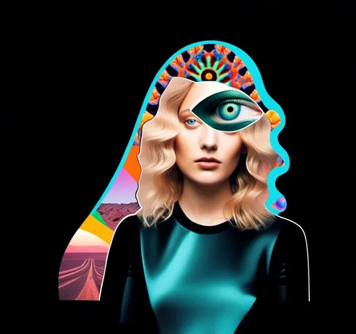 Prompt: A psychedelic collage featuring a photograph of a woman with blond curly long hair. The photo is cut and spliced with other photos - of cats, eyes, body parts, roads, landscapes, trippy optical illusion patterns, pickles, hamburgers, realistic  desert, alien  landscapes, geometric shapes etc in such a way that she has a psychedelic open third eye, in a psychedelic cut and paste collage <mymodel>