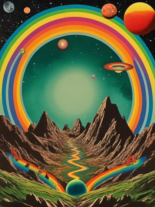 Prompt: <mymodel> Vintage 70s psychedelic surreal sci-fi Collage, analog, cut & paste, outer space, rainbows, spectrum, optical illusions/trippy patterns, surreal alien landscapes, UFOs, « little green men », psilocybin mushrooms, geometric shapes , planets, orbs, black night sky with stars, in the center