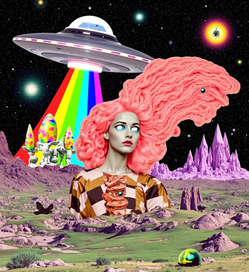 Prompt: A surreal psychedelic collage unfolds in a vibrant, otherworldly composition. At the center, a caucasian slim woman with long wild pink very curly hair emerges, seamlessly integrated into an alien dreamscape. Her hair spirals outward, merging into rainbow spectrums and optical illusion patterns—checkerboards that twist into impossible Escher-like dimensions. She wears a flowing, iridescent top patterned with crystalline shapes and 4th-dimensional geometry, her glowing blue eyes reflecting the mysteries of the cosmos.

Behind her, a flying saucer hovers, its metallic surface refracting shifting neon hues, beaming down a cone of light filled with floating psilocybin liberty cap mushrooms. The mushrooms glow faintly, their translucent caps adorned with fractal patterns that pulse with vibrational energy. Around her, the alien landscape is alive with surreal details: jagged crystal spires erupting from the ground, insects and spiders with kaleidoscopic exoskeletons crawling across surfaces, and shimmering pools of liquid light reflecting the stars of deep space.

The sky is a swirling cosmic tapestry of galaxies, nebulae, and 4th-dimensional shapes that twist and overlap in impossible ways. Quantum particles streak through the air, leaving trails of iridescence, while vibrations ripple outward in visible waves, distorting the space around them. Optical illusion patterns—spirals, grids, and infinite loops—blend seamlessly into the terrain, creating a sense of infinite depth and movement.

The color palette is a hypnotic mix of neon pinks, electric blues, acid greens, and golden yellows, balanced with deep cosmic purples and blacks. The lighting is surreal and radiant, with glowing highlights and prismatic reflections. The style is a retro psychedelic collage, blending analog textures with surrealist influences reminiscent of artists like Mati Klarwein. The mood is weird yet harmonious, a mesmerizing fusion of chaos and beauty, drawing the viewer into its kaleidoscopic depths.