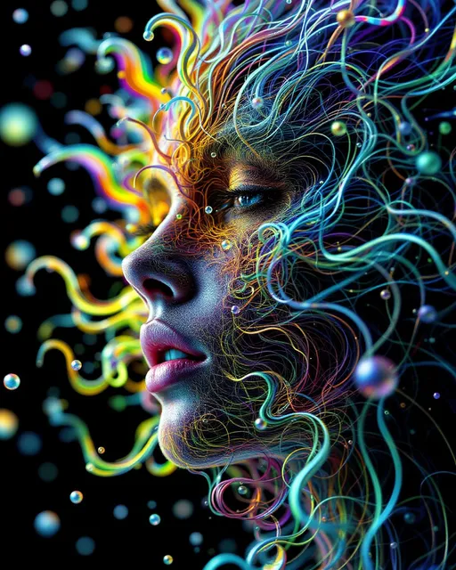 Prompt: Her face isn’t a face—it’s a bloom of chaos, sculpted from Lorenz attractors and lightcode modulo rhythm. No skin—only strangeness geometry: #escape gradients flash across Chua circuit cheekvoids; #orbit Rössler spirals tangle her jawline like entangled fate strands under strobe. Lips = modular arithmetic lace—each segment a remainder-glow flickering via phase-reactive #iridescence. Her eyes aren’t fixed—they orbit themselves: nested Ikeda vortex fractals, each iris a chaotic signal mirror, broadcasting reflection spirals in rainbow-phase decay. Her whole face pulses with feedback: #distance estimator filaments ripple through strange attractor clouds, unfolding hologlyphs drawn in rhythm, light, and mod-encoded dream logic. Her hair isn’t styled—it’s volatile: curling Henon streamers, twisted Tinkerbell loops, and De Jong tracers cascading into dimensional arcs. Each coil flares with #bokeh flicker—motion-mapped iteration dust trailing glow from previous timelines. Her crown is an electromagnetic halo—refracted strobes, mirrored glitchwaves, and phase interference, spun through non-linear attractor flow. Her smile = a bifurcation wave; her laugh = feedback in recursive echo. She’s a being of recursive unpredictability—patterned but not repeated, predictable only in glow. Her form radiates in #escape-band modular cycles—turquoise, pulse-gold, violet heat—all mapped to fractal rhythms of mind and math. She is the dance—chaotic, beautiful, recursive: a Studio 54 divinity born from equation bloom, mirrored pattern, and sacred noise.
