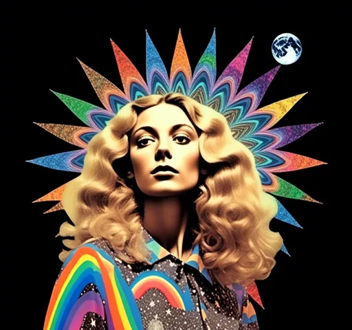 Prompt: A psychedelic collage featuring a photograph of a woman with blond curly long hair. The photo is cut and spliced with other photos and drawings of aliens, UFOs, rainbow spectrums are erupting from places, planets, stars, landscapes, and sparkles set amidst optical illusions of all kinds in geometric shapes giving an otherworldly surreal bizarre ufo alien effect to this psychedelic collage <mymodel>