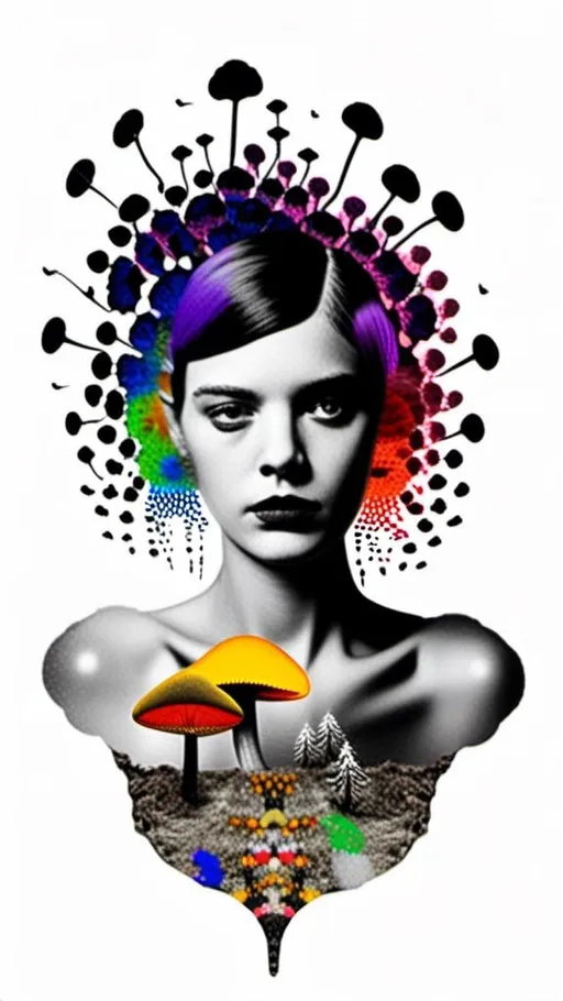 Prompt: A mixed media collage of a black and white photograph of a young woman growing all kinds of colorful multimedia psychedelic mushrooms and fungus out of her body (incorporate things like- but are not limited to - vibrant paints, enamels, glitters, metallic foils, newspaper and magazine cut paper, paint spatter, etc)<mymodel>