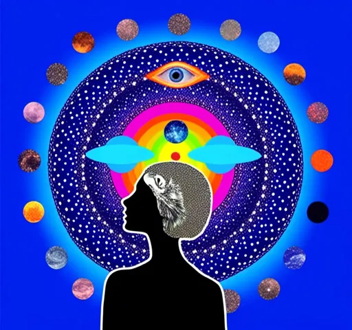 Prompt: <mymodel>Psychedelic collage of a woman, spliced and edited with psychedelic planets, cats, and UFOs, a psychedelic open third eye, incorporating paint, enamel, and found objects, black and white optical illusions, high quality, surreal, vibrant colors, trippy, psychedelic, detailed collage, cosmic theme, colorful lighting surreal collage