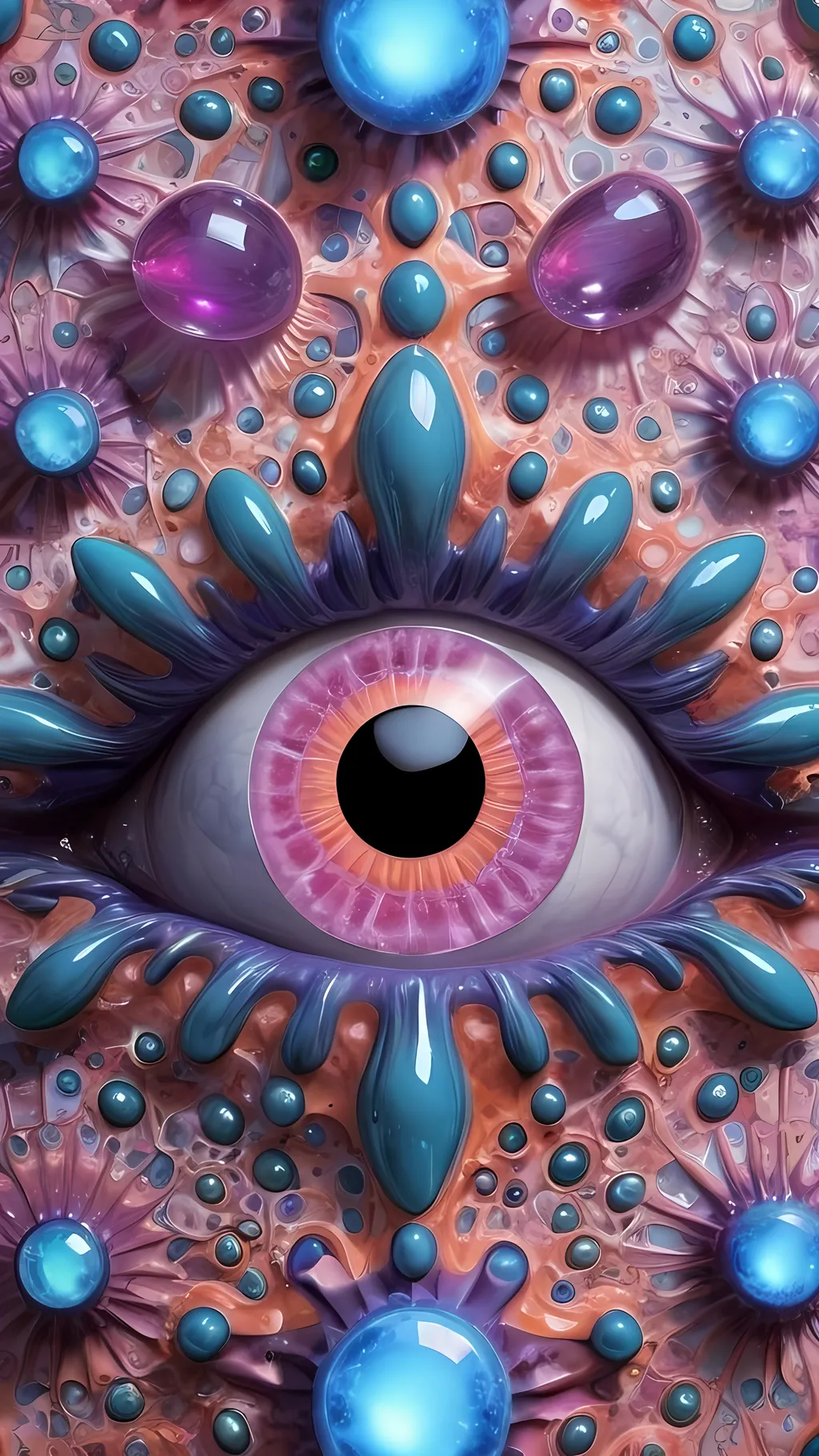 Prompt: Create an extremely hyper-realistic, ultra super textural, weird, trippy, surreal, psychedelic eyes/teeth/mouth pattern/design based on Mandelbrot & “Op Art tiling” with lots of human eyes (crazy colorful compound psychedelic), rows of human teeth, human lips, and tongues. 

- **Colors**: determined by the properties and expressions of the elements (& their isotopes), minerals, and metals: opal, moonstone, amethyst, rose quartz, Platinum (Pt)

**Shapes and forms**
- Mandelbrot 
- "Op Art tiling" 
-other shapes determined by the natural properties and expressions of the elements (& their isotopes), minerals, metals, and biological organisms: opal, moonstone, amethyst, rose quartz,  Platinum (Pt)


- **Textures**: Derived from any/all elements (& their isotopes), minerals, metals, crystals, organic things mentioned in this prompt: opal, moonstone, amethyst, rose quartz, Platinum (Pt)

**Composition and Layout**:
- a pattern/design based on the Op Art tiling & Mandelbrot 

**Lighting**:
- lots of bright light
- Phosphorescence

**Detail and Atmosphere**:
- Extreme hyperrealistic sharp high detail high definition organic and mineral textures
- Psychedelic, weird, odd, surreal atmosphere
- Frozen in time

**Additional Elements**:
- extra rows of teeth, lips, many eyes, Op Art tiling, Mandelbrot 
