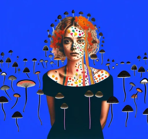 Prompt: A mixed media collage of a black and white photograph of a young woman growing all kinds of colorful multimedia psychedelic mushrooms and fungus out of her body (incorporate things like- but are not limited to - vibrant paints, enamels, glitters, metallic foils, newspaper and magazine cut paper, paint spatter, etc)<mymodel>