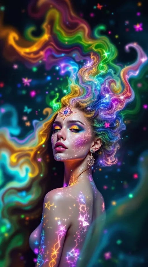 Prompt: Create a surreal self-portrait in the form of a noneuclidean rainbow disco entity. The figure’s body is sculpted from warped symmetry and irrational geometry, echoing exotic symmetries and imaginary dimensions. Limbs twist through folded spatial axes defined by complex numbers, disappearing and reappearing along invisible curves. The skin is etched in sacred compression glyphs—dense, glowing micro-symbols that contain entire identities compressed into fractal language. These tattoos pulse with recursive memory, each pattern mapping a personal symbolic system—soul topology encoded into body geometry.

Hair flows in chaotic Lorenz attractor spirals, trailing butterfly-loop light trails in continuous motion. The aura blooms in fractal flames—iridescent, translucent wisps that ripple in layered, slow-burning trails. Fractal ego dissolution blooms across the body’s edge, shards of self spiraling out in mirrored fragments like crystalline petals falling in sacred rhythm. Space around the figure warps in hyperbolic tiling—Escher-like recursive mosaics shrinking infinitely into curved tessellation, forming a cloak of infinite fishscale geometry.

The entire environment is bathed in meta-emotion oscillators: chromatic wavefields that ripple with the figure’s mood, glowing with every emotional pulse. Fourier dreamspace overlays flicker through the portrait—parts of the body phase through frequency bands, each section humming with its own layer of wave-pattern identity. Spectral dimension effects saturate the surface—light oscillates across every curve, creating interference fields and diffraction halos. The whole scene feels like a conscious light engine pulsing to its own recursive rhythm, both divine and dancefloor.”**

