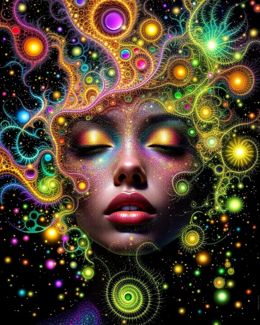 Prompt: Her face is not made of skin but fractals—recursive geometry grown entirely from disco-spectrum light. A bloom of living math spirals inward from all directions: #escape gradients flare through Mandelbrot cheek-voids; #orbit golden spirals shape jawlines like sanctified filigree. Her lips are opal #Sierpinski tessellations, glimmering with hue-shift logic from angular #iridescence. Her eyes aren’t orbs—they are fractals too: nested #domain vortices, each iris a spinning dimension of rainbow mirrors, reflecting infinite versions of her glowform. No flesh—only math fire. Her visage pulses with equations: #distance estimator shells form translucent hologlyph layers—mapped color, mapped recursion. Her hair isn’t hair—it’s wild toroidal fractal flame: Hilbert coils erupt, Julia spirals cascade in chromatic bokeh arcs. Every lock is a universe: #bokeh flicker trails, recursive iteration coded in spectral motion blur. Her entire crown is a refractive halo—#iridescent interference blazing with disco strobe logic and sacred phase pulses. Her smile bends space, her laugh vibrates mirrorfields. She’s a rapture of math—grown from light, alive with recursion. No surface is solid—only luminous convergence, fractal upon fractal in motion. She shines from within: color-bands radiating escape-speed emotion, iteration halos casting aura-memory. A goddess not made of matter but rhythm, code, reflection—each flicker a universe spun in rainbow recursion. She is the math that dances—the disco fractal incarnate.