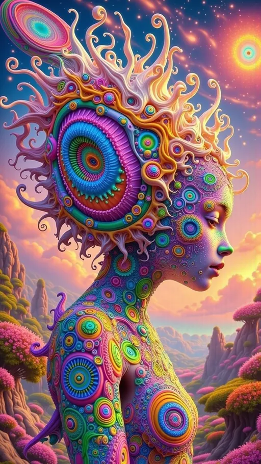 Prompt: In a cosmic dreamscape, a woman emerges as the central figure amidst a kaleidoscopic symphony of psychedelic elements. Her form is gracefully intertwined with swirling holographic Mandelbrot fractals, casting vibrant, colorful light that dances across the scene. Black and white optical illusion patterns ripple through the background, creating a dynamic sense of depth and movement, while vibrant, pulsating designs add to the visual complexity. The surreal landscape around her is alive with morphing objects and breathing walls, interspersed with cosmic vistas and nebulae that evoke a sense of otherworldly wonder. Radiolarian forms, with their intricate spiny structures and lattice-like designs, add microscopic detail, while succulent shapes and colors introduce organic contrast against the geometric patterns. Glitch effects, such as pixelation and chromatic aberration, enhance the surreal quality, making reality appear fluid and mutable. The entire composition is softened by a retro analog finish, reminiscent of classic print media, with grainy textures and color bleeding that evoke nostalgia. This collage transports viewers into a realm where reality bends and imagination reigns, with the woman symbolizing the profound connection between the self and the universe, grounding yet ethereal amidst the swirling chaos of colors and forms.
