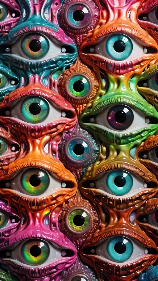 Prompt: an extremely hyper realistic ultra super textural weird trippy surreal psychedelic entity, crazy psychedelic compound human eyes, neurons, synapses, nervous system, chemicals, rows of human teeth, translucent black, hot pink, pinks, silver, yellow, orange, green, teal, copper, Gyroid Structures, oil slick rainbow sheen effect
