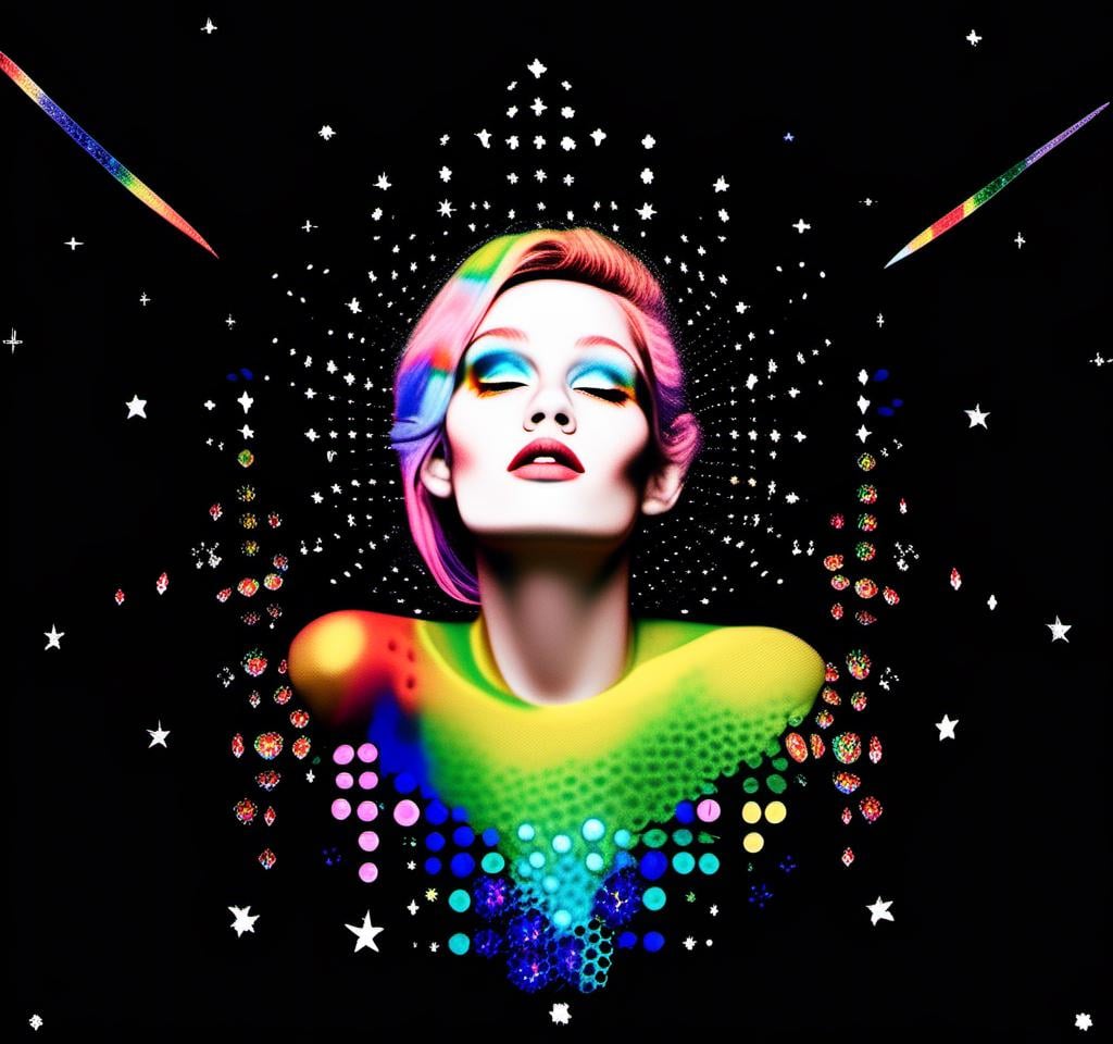 Prompt: a photograph (black and white or halftone) of a woman with multimedia colorful galaxies and stars in her wide eyes who is vomiting pure rainbows and stardust sparkles. She wretches as a beautiful spectrum of colorful light and sparklies made of paint, enamel, glitter, foils, pearl dust, rhinestones, metal, beads, marker, etc spills from her open mouth with force lighting up the room<mymodel>