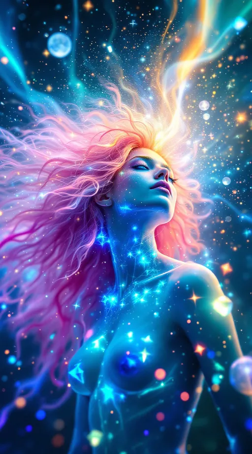 Prompt: In a realm beyond form, where dimension folds upon dimension and time itself diffracts, two beings emerge as living equations. One—a white woman, 5’4”, slim, with long, wild, extremely curly pink hair—is not a body, but a cascade of recursive light events. Her form pulses with stochastic shimmer, made of ever-shifting crystalline polyhedra and spectral feedback loops. Her hair is a radiant storm of iridescent tendrils, flickering through layers of geometry like a cosmic antenna. Her essence is a waveform—bright, unstable, kaleidoscopic—glitching in and out of visibility as fractals unfold and collapse in real-time. She is the HaHahedron: sacred irrationality embodied as light, laughter, and color noise.

Opposite her is a counter-oscillation: a tall male figure, 6’1”, slim but intensely muscular, with short blondish hair and piercing brilliant blue eyes. His presence is made of slower, deeper harmonics—stable standing waves shaped into body-form, glowing in nested toroidal currents. His limbs are forged from recursive golden-ratio arcs and his gaze emits focused vector fields. He radiates gravitational coherence, a dimensional anchor within the chaos—holding the math in place without stilling it.

They spiral around each other through a hyperfluid grid of vibrating color frequencies, modulating the space as they interact—no gravity, no floor, no air. Just pure holofractal interference: glowing interference bands, chromatic tiling symmetries, rippling metageometries. Their interaction generates new laws—unpredictable but precise, wild but harmonic. They are not in the world; they are the signal that shapes it.

Style: pure math dimension, psychedelic abstraction, holofractal shimmer, hypercolor lightform surrealism.








