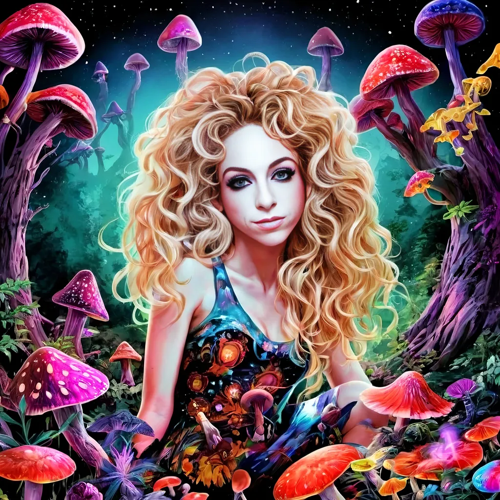 Prompt: A psychedelic trippy bright colorful vivid black light poster illustration of a girl with longish blond curly hair, with psychedelic magic mushrooms, trippy hallucinations, optical illusions and patterns, crystals, moss, forest, moon, geometry fractals