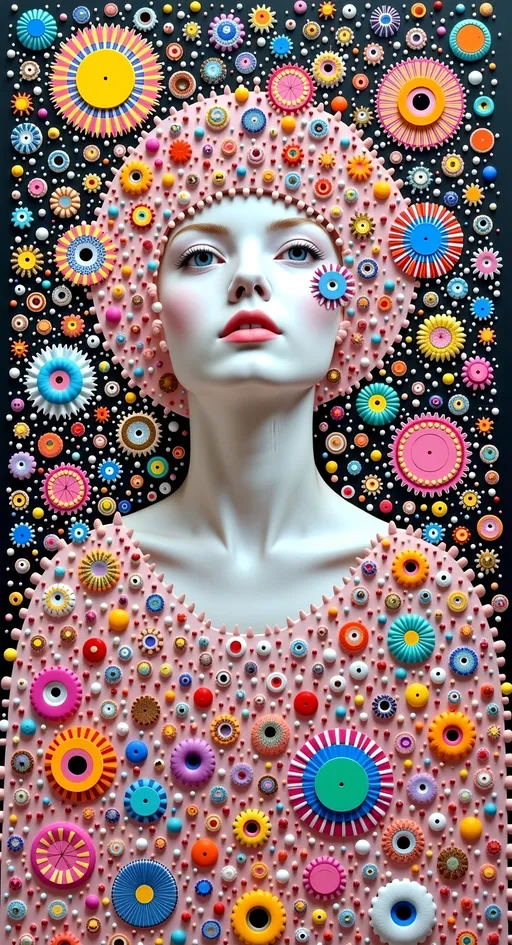 Prompt: an extremely hyper realistic ultra super textural weird trippy surreal psychedelic entity, white, translucent, clear, bright bright pastel colors, oil slick rainbow sheen effect, lots and lots of light, lots of crazy colorful compound psychedelic human eyes, rows of human teeth, fungus, atoms, diatoms,