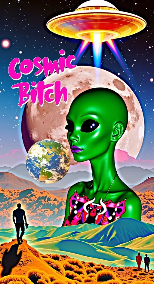 Prompt: **Cosmic Bitch - AI Art Prompt**

Create an artwork featuring the phrase "Cosmic Bitch" in a bold, sassy, girly futuristic tech font. The centerpiece is a stunning green-skinned alien female with a large somewhat conical shaped bald head & large solid black almond shaped eyes, exuding sass and confidence, dressed in avant-garde high fashion with a futuristic twist. Her ensemble is adorned with intricate accessories that scream alien chic.

Incorporate a vibrant UFO hovering in the scene, brimming with colorful lights that dance across the canvas. The background is a bustling outer space landscape, complete with an alien planet, swirling asteroids, and cosmic wonders. Alien glyphs are subtly woven into the design, adding an enigmatic touch.

The entire scene is a whirlwind of activity, filled with intricate details that draw the eye to every corner. From the tiniest star to the grandest asteroid, let no space go unadorned. The result is a masterpiece of cosmic chaos and extraterrestrial elegance.

Now, go forth and let your AI art creation shine in all its interstellar glory! 🌌👽✨