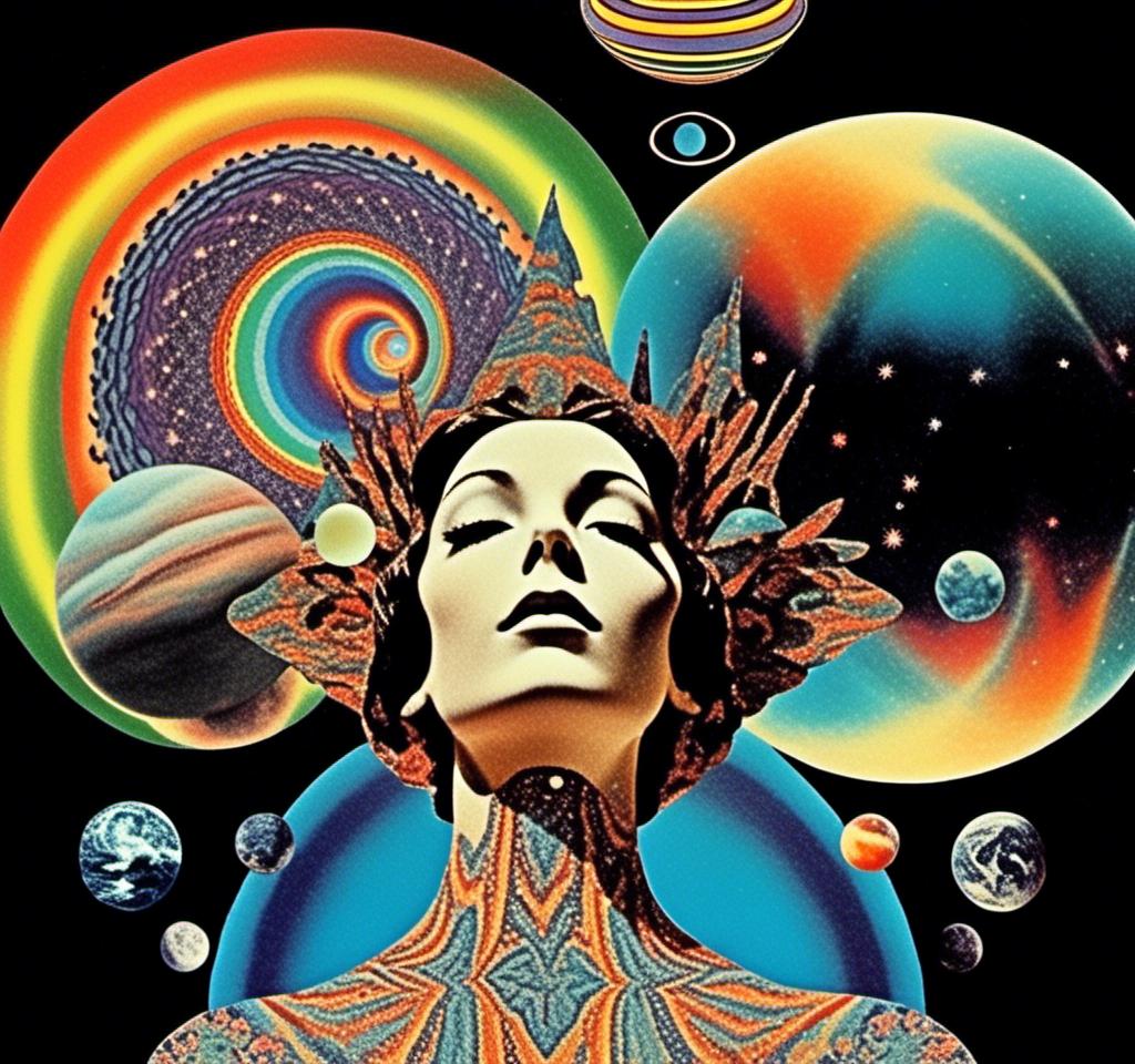 Prompt: A vintage 70s psychedelic collage with the theme “astral vacation”- incorporate themes of astral projection, the astral plane, the silver cord, use an astral brilliantly but sometimes muted opalescent color palette, & combine it all with planets, orbs, optical illusions and psychedelic trippy patterns, color spectrums as a surreal vintage psychedelic collage<mymodel>