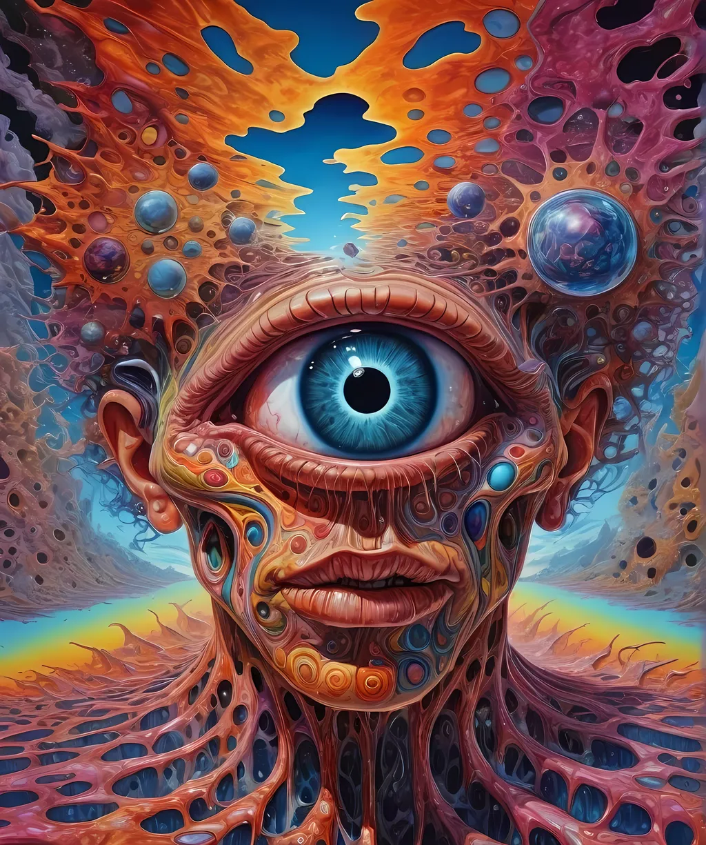 Prompt: Extreme psychedelic hyperrealism- Super high definition ultra textural Weird surreal depiction of ego death, melting into fractals, multidimensional geometric shapes, surrealism, detailed, highres, intense colors, eerie lighting, bizarre features, unsettling atmosphere, otherworldly, distorted proportions, mind-bending, dreamlike, abstract,, trippy psychedelic ultra detailed textures