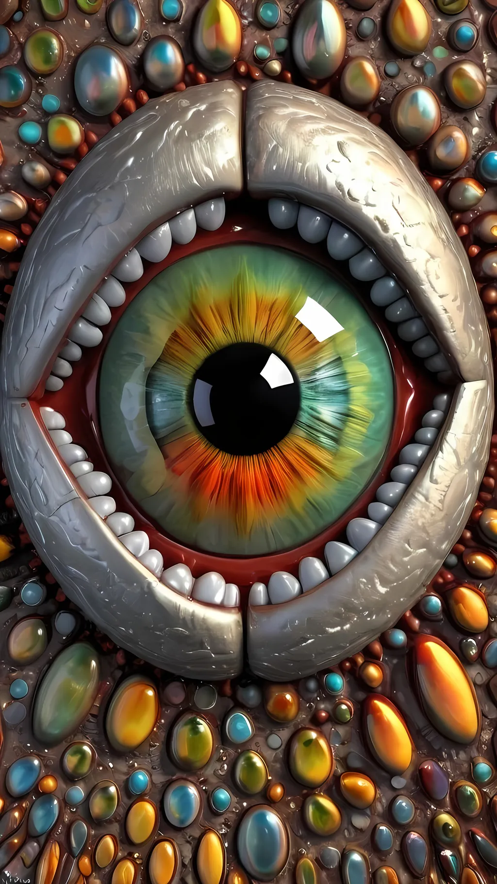 Prompt: Create an extremely hyper-realistic, ultra super textural, weird, trippy, surreal, psychedelic eyes/teeth/mouth pattern/design based on “Seed of Life” with lots of human eyes (crazy colorful compound psychedelic), rows of human teeth, human lips, and tongues. 

- **Colors**: determined by the properties and expressions of the elements (& their isotopes), minerals, and metals: Nickel (Ni), Aventurine, Chrysoberyl

**Shapes and forms**
- “Seed of Life”
-other shapes determined by the natural properties and expressions of the elements (& their isotopes), minerals, metals, and biological organisms: diatoms, Nickel (Ni), Aventurine, Chrysoberyl


- **Textures**: Derived from any/all elements (& their isotopes), minerals, metals, crystals, organic things mentioned in this prompt: “Seed of Life” Nickel (Ni), Aventurine, Chrysoberyl

**Composition and Layout**:
- a pattern/design based on the “Seed of Life”

**Lighting**lots and lots of bright shining reflective light
- Trichroism


**Detail and Atmosphere**:
- Extreme hyperrealistic sharp high detail high definition organic and mineral textures
- Psychedelic, weird, odd, surreal atmosphere
- Frozen in time

**Additional Elements**:
- extra rows of teeth, lips, many eyes, diatoms, “Seed of Life” , Aventurescence, Chatoyancy
