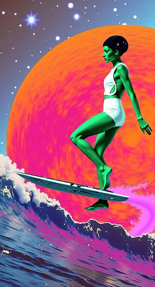 Prompt: Let's add that cosmic phrase into the mix:

**Astral Surfing Queen - AI Art Prompt**

Create an artwork featuring our iconic green-skinned alien babe, rocking a retrofuturistic swimsuit that blends vintage style with sleek, modern design. Picture her surfing an astral wave made entirely of vibrant colored light and abstract astral matter, gliding effortlessly through the vast expanse of the astral plane.

She's "hanging 10," her toes gripping the edge of a metallic, futuristic surfboard that gleams with an otherworldly sheen. The board is adorned with intricate patterns and glowing accents, reflecting the advanced technology of her cosmic culture.

Her expression is one of pure joy and exhilaration, as she rides the astral wave with the grace and skill of a seasoned surfer. Her bald conical head and large, solid black almond-shaped eyes add an extra layer of mystique to her carefree demeanor.

The background is a dazzling display of cosmic elements—swirling nebulae, twinkling stars, and trails of astral light that create a sense of motion and energy. The astral wave itself is a dynamic flow of luminous colors and abstract forms, embodying the ethereal and ever-changing nature of the astral realm.

Incorporate the text phrase "SURF THE ASTRAL" in a bold, glitchy, futuristic style that complements the vibrant and dynamic nature of the scene. The text should integrate seamlessly into the composition, enhancing the theme and adding a narrative element to the artwork.

Balance hyperrealistic textures with an illustrative, artistic style, capturing the playful and adventurous essence of this astral surfing queen. Let the fine details and vibrant colors transport viewers into a realm where surfing meets the extraterrestrial, in a celebration of cosmic joy and exploration. 🌌🏄‍♀️👽

Let this prompt inspire a piece that's as dynamic and visually captivating as it is uniquely yours!