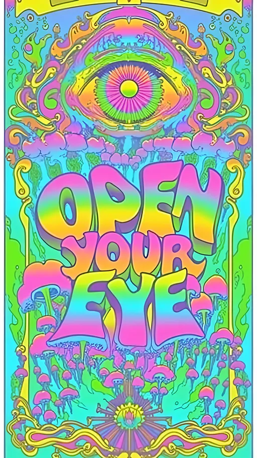 Prompt: **Open Your Eye - Psychedelic Art Prompt**

Create an artwork centered around a collection of vibrant psilocybin mushrooms. These mushrooms should be depicted with rich, swirling colors and intricate patterns, embodying the essence of a psychedelic experience.

Above the mushrooms, design a large, mesmerizing eye. This eye is the focal point, filled with kaleidoscopic colors and intricate details that suggest a deep connection to universal knowledge and consciousness. It should be both captivating and otherworldly, drawing viewers into its depths.

Incorporate the phrase "OPEN YOUR EYE" into the composition, using a bold and trippy font that complements the psychedelic theme. The text should seamlessly integrate with the design, becoming part of the visual journey.

The negative space is alive with fractals, geometric hallucinations, and melting op art patterns, creating a busy and immersive background that enhances the overall psychedelic vibe.

This artwork should balance hyperrealistic textures with an illustrative, artistic style, capturing the transformative power of opening one's mind to new dimensions. 🌌🍄👁️

Let this prompt guide you in creating a piece that is both visually stunning and deeply evocative!