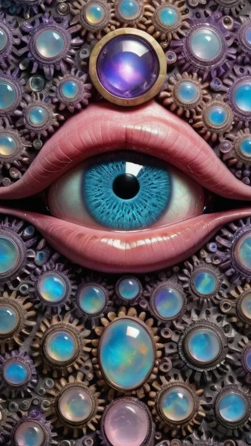 Prompt: Create an extremely hyper-realistic, ultra super textural, weird, trippy, surreal, psychedelic eyes/teeth/mouth pattern/design based on Mandelbrot & “Op Art tiling” with lots of human eyes (crazy colorful compound psychedelic), rows of human teeth, human lips, and tongues. 

- **Colors**: determined by the properties and expressions of the elements (& their isotopes), minerals, and metals: opal, moonstone, amethyst, rose quartz, Platinum (Pt)

**Shapes and forms**
- Mandelbrot 
- "Op Art tiling" 
-other shapes determined by the natural properties and expressions of the elements (& their isotopes), minerals, metals, and biological organisms: opal, moonstone, amethyst, rose quartz,  Platinum (Pt)


- **Textures**: Derived from any/all elements (& their isotopes), minerals, metals, crystals, organic things mentioned in this prompt: opal, moonstone, amethyst, rose quartz, Platinum (Pt)

**Composition and Layout**:
- a pattern/design based on the Op Art tiling & Mandelbrot 

**Lighting**:
- lots of bright light
- Phosphorescence

**Detail and Atmosphere**:
- Extreme hyperrealistic sharp high detail high definition organic and mineral textures
- Psychedelic, weird, odd, surreal atmosphere
- Frozen in time

**Additional Elements**:
- extra rows of teeth, lips, many eyes, Op Art tiling, Mandelbrot 
