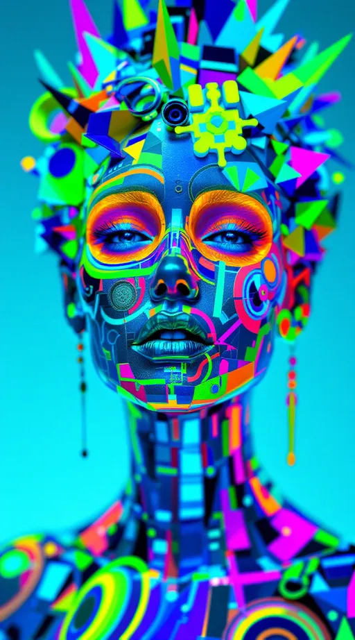 Prompt: A maximalist carnival construct, lit in searing cyan, UV magenta, citrus orange, emerald neon, bubblegum pink & lemon fire. Surfaces shimmer w/ holographic cascades, spectral grids bending light into rainbow shards that drift like digital veils. Anatomy destabilizes across 4D recursion: eyes refract as Klein quartic tilings, each iris mapped to impossible tessellations; teeth unfold as conway pinwheel spirals, jaws rotating in infinite irrational directions; ribs arch into Thompson lamp lattices, simultaneously on & off, convex & concave at once. Heart pulses as Goodstein fireworks, chambers counting upward beyond reason, every beat dissolving into colored infinities. Lungs ripple as Ulam spiral storms, chambers coiled into prime constellations; veins writhe as dragon knot curves, endless tangled ribbons glowing cobalt & lime. Skin unfurls as Dedekind cut mosaics, surfaces sliced into paradox halves yet whole; hair whirls into Turing maze curls, strands computing, uncomputing, then vanishing.
Background dissolves into holographic carnival infinity, a hyperplane filled w/ tessellated rollercoasters, Ferris wheels built of spirals, pastel skies scribbled in self-erasing proofs.