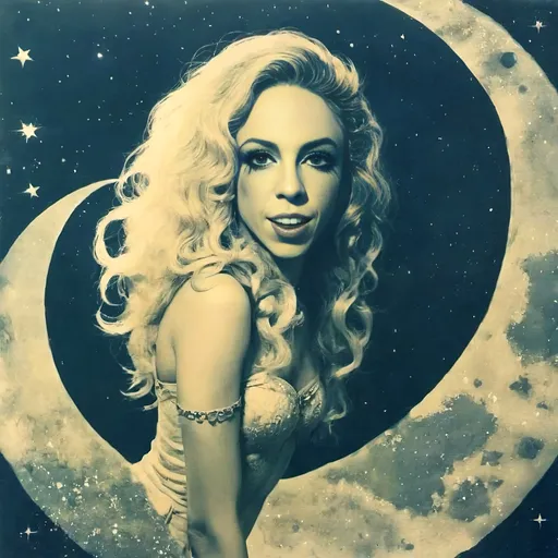 Prompt: Vintage Cyanotype print of a alien girl on the moon, long curly blond hair,  detailed silhouette, vintage artistic style, cool tones, subtle moonlight, high quality, cyanotype print, vintage, detailed silhouette, moon, girl, subtle lighting, cool tones