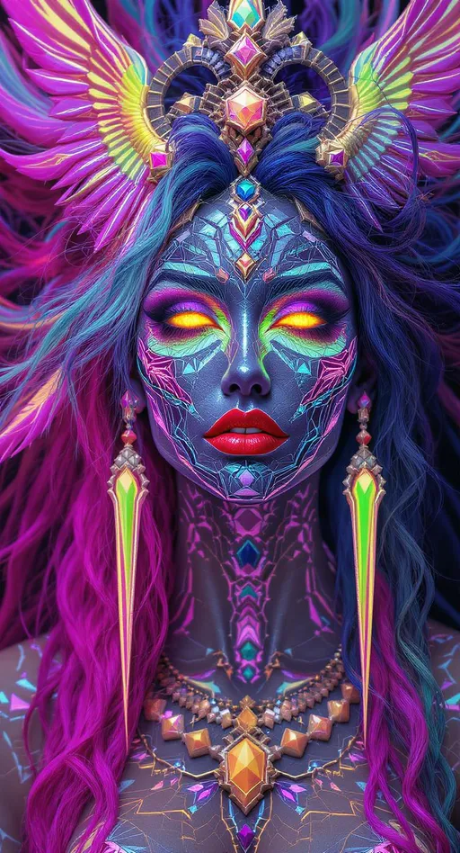 Prompt: Her face is a Devil’s Staircase, a mask of discontinuities—light jumps without gradients, colors perched like birds on irrational branches. No smoothness, only sudden brilliance: neon coral lips split by void, cheekbones pixelated in spectral terraces, skin flickering between value plateaus without touching what lies between. But woven across that fractured terrain hums a second structure: Arnold Tongues—resonance wings of colored geometry, growing from her brow and wrapping across her temples like interdimensional harmonics etched in light.

Each Arnold Tongue is a curved blade of color, a region of phase-locked fire—looped in like headphones for the soul. They radiate outward, crossing the staircase strata in radiant wedges of frequency-locked shimmer. Their gradients pulse with internal rhythm—magenta melting into teal, lime into indigo, each one vibrating at its own nonlinear logic. She doesn’t blink—she tunes. You can see her thoughts change frequencies.

Hair erupts from the clash between these systems: ribbons of Devil’s Staircase light sliced by Arnold resonance fans, tangled into curls of jagged order. Each strand is a collision of quantized color and warped periodicity—frozen motion woven into polyrhythmic noise, trailing pulses of unresolved math.

She isn’t still. She isn’t chaotic. She’s locked into pattern through discontinuity, a staircase of light pierced by angelic wedges of resonance.

Tags:
#DevilsTongueQueen #FractalResonanceFace #PhaseLockedBeauty #ArnoldShimmer #SpectralStepHair #DiscontinuousHarmony #ChaosSyncGoddess #RainbowMathBody