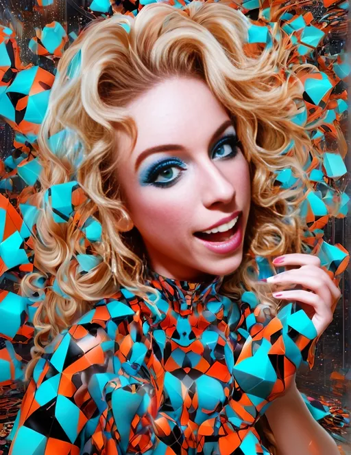 Prompt: a psychedelic hallucination of a female with long blond curly hair modeling avant Garde fashions accessories and makeup created directly out of multidimensional geometry fractals, hypercubes, non Euclidean geometry, psychedelic fashion halucinations 