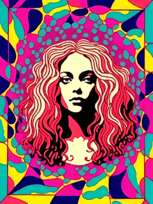 Prompt: <mymodel>Psychedelic poster art illustration of a girl with long blond curly hair, standing amidst a mesmerizing tesseract, vibrant colors, high-quality, surreal, trippy, hypercube, inter-dimensional, extra-dimensional, detailed hair, vibrant and colorful, abstract lighting