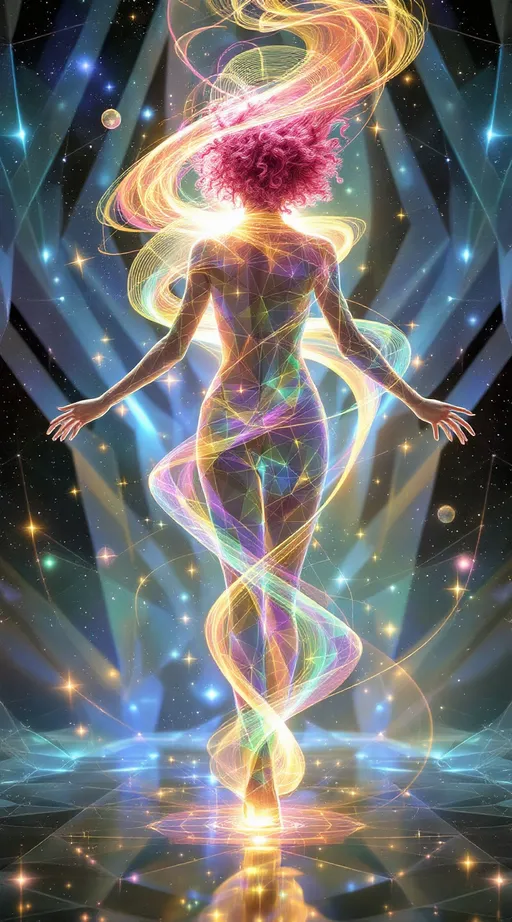 Prompt: In the astral geometry realm—where space folds and breathes through sacred systems—two beings move as living expressions of math itself. The field around them is made from Tessellotic Pulse Modulation—a vast, glowing lattice of shifting light-tiles—and Harmonic Fold Convergence, where translucent dimensional membranes curve inward in sacred rhythm. Through these foldings, bursts of Fractal Vector Bloom arc and weave like glowing calligraphy. And through all of it walk two waveform entities—not separate from the math, but built from it.

The first—a white woman, 5’4”, slim, wild neon-pink curly hair—is made entirely of shimmering, refractive facets (APS). Her body forms from ever-shifting anisohedral planes, no two alike, constantly adjusting their angles to refract new bursts of rainbow light. Her hair is made of vector filaments, spiraling in Lissajous curves, trailing glowing signatures through folded space. With each movement, she distorts the TPM lattice beneath her—causing radiant pulse-tiles to ripple outward. Her breath folds space into harmonic membranes (HFC); her laugh sends FVB threads spiraling into fresh geometry. She is radiant entropy—the HaHahedron walking.

Near her moves a tall man, 6’1”, lean muscular, short blondish hair, brilliant blue eyes—his form forged from dense nested toroids, symmetrical golden arcs, and prismatic dark crystal facets. His body emits stabilizing pulse patterns, drawing the surrounding fold-fields into coherence. His geometry is slower, more precise—deep sapphire recursion threaded with soft white harmonic light. He does not follow—he synchronizes. He orbits her bloom like an attractor—anchoring the waveform without stilling it.

They don’t walk the realm. They are the astral math expressing itself as movement, color, and convergence.