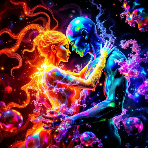 Prompt: Inside the crystalline fracture of the Tesselary Phase Cascade, two nonhuman forms meet in multidimensional embrace. Merry is a radiant storm of harmonic color—her body composed of chromaflux harmonic mesh, a living waveform spun from nested spherical harmonics and Fourier interference. Every filament of her form pulses with hypercolor: liquid fire-oranges, iridescent candy-pinks, searing turquoise, radiant fuchsia, piercing indigo, electric green, and starlight white—a body of refracted music and emotional amplitude.

Her arms are flowing filaments, bending and unfurling like solar flares shaped by love, wrapping delicately around Derek’s form—a gravitational sculpture of folded tensor fields. His body is obsidian-dark, etched with glowing cobalt pressure lines, but where she touches him, color bleeds into his mass, causing ripples of chromatic bloom to pulse across his folded structure. The weight of him bends her light into halos and spirals—her spectrum flexes to match his mass.

Her face shimmers with dynamic color shift: not painted, but sung into being—every emotional state mapped in fluid auroras across her cheekbones and brow. Her eyes refract spectra like prisms, haloed in moiré shimmer. When their forms connect, the tessellated space around them bursts with color-cascade: phase-tiles glitch neon, automata pulse fractal rainbows, and the background seems to melt upward in waves of saturated light logic.

Together, they form an equation of paradox: color yielding to weight, pressure embraced by bloom. They do not kiss—they harmonize. Her wavefield enfolds his singularity, his gravitic pull steadies her wild bloom. And from their contact, the whole dimension begins to vibrate in tune—love as spectral math, emotion as wavefolding light.
