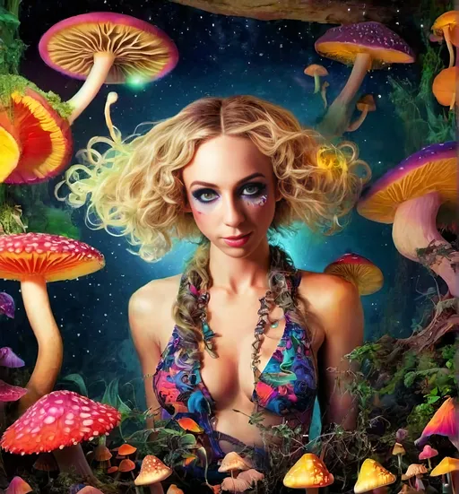 Prompt: 4k, ultra-detailed, psychedelic, trippy, bright colors, vivid, black light poster, girl with longish blond curly hair, psychedelic magic mushrooms, trippy hallucinations, optical illusions, patterns, crystals, moss, forest, moon, geometry fractals, vibrant colors, detailed hair, surreal, vibrant lighting