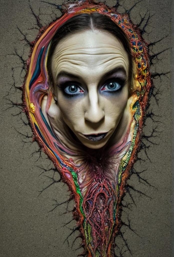 Prompt: Extreme psychedelic hyperrealism- Super high definition ultra textural Weird creepy psychedelic creature thing, surrealism, detailed, highres, intense colors, eerie lighting, bizarre features, unsettling atmosphere, otherworldly, distorted proportions, mind-bending, dreamlike, abstract,, organic textures