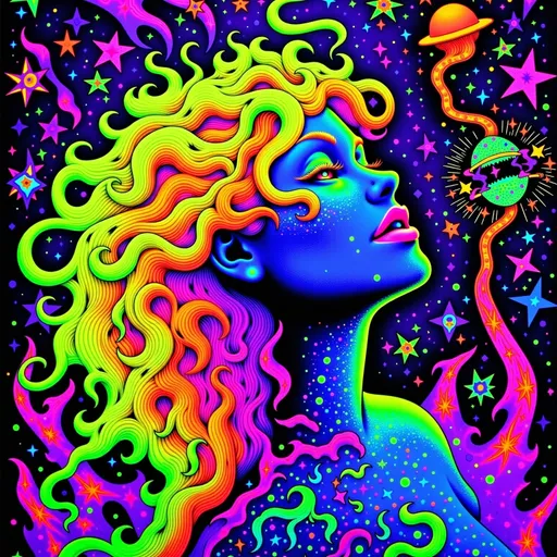 Prompt: 
A radiant Caucasian woman with untamed, spiraling blond curls that twist and morph into fractal patterns, glowing with vibrant, hallucinatory hues—electric blues, neon greens, and ultraviolet purples. Her hair becomes a living tapestry of sacred geometry and infinite mandalas, pulsating with the rhythm of a cosmic heartbeat. Her face is illuminated by a divine, otherworldly glow, her eyes reflecting hyperspace itself—swirling galaxies, alien landscapes, and shimmering, liquid lightforms. The background is an explosion of psychedelic ecstasy: a vortex of infinite dimensions, morphing with DMT-like intensity into crystalline patterns, organic tendrils, and cascading rivers of molten color. The scene feels alive, as if the boundaries between her and the universe dissolve, revealing the interconnectedness of all things. The atmosphere radiates transcendence, the merging of inner and outer realities, and the infinite possibilities of consciousness.
