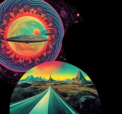 Prompt: <mymodel>Psychedelic trippy collage with a surreal vintage 70s sci-fi feel, vibrant colors, retro futuristic elements, surreal landscapes, detailed psychedelic patterns, high quality, vintage sci-fi, vibrant colors, surreal, detailed patterns, trippy, collage, 70s, retro futuristic, surreal landscapes, detailed, atmospheric lighting