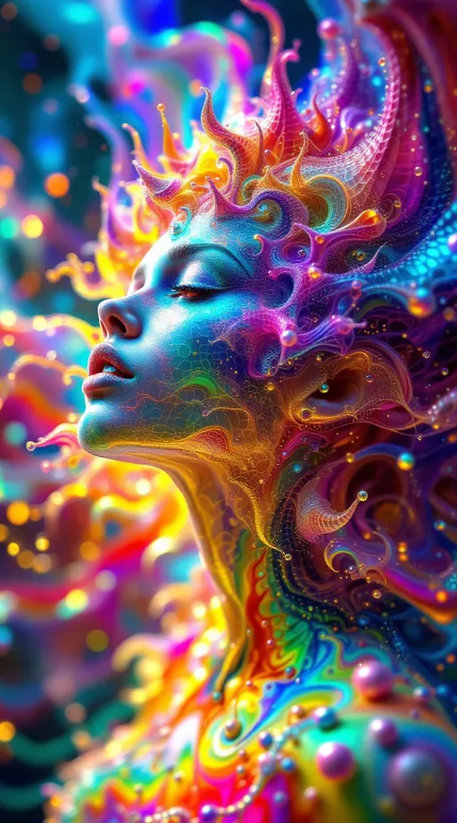 Prompt: Render a female fractal entity composed of recursive rainbow geometries, her form constantly blooming and collapsing in kaleidoscopic layers. Her body is a living Mandelbrot cascade, each limb fractally subdividing into glimmering shards of rainbow light. She is born of a holofractal disco-dimension where space curves like a spinning mirror-ball and time spirals in recursive loops, echoing to the eternal pulse of a 1970s Studio 54 beat. Her skin refracts time, glittering with every possible moment reflected infinitely across crystalline facets. The background is a hyperdimensional disco fractal, merging Euclidean and curved holographic symmetries. Clothing is recursive: iridescent patterns of hexagonal tiling resembling Menger sponges, animated by syncopated light pulses.”