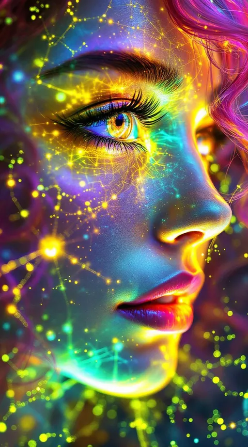 Prompt: Her face is a modular masterpiece—cheekbones traced with the shimmer of moonshine symmetry, every angle tuned to a hidden harmonic. Newton fractal veins glow faintly beneath translucent skin, shifting in color with each emotion. Her eyes burn with prime number fire, irises tiled in Penrose symmetry, blinking with curved light logic. Laughter echoes in Hilbert paths across her cheeks—space-filling joy spirals, soft and bright. Hair spills around her in radiant pink curls, styled by quasiperiodic forces and recursive wave equations—each strand flowing in luminous fractal tension. Geometry pulses at the hairline, recursive symbols glinting in neon mathdust. She is wrapped in hyperbolic aura-rings, layered in color-feedback like living topology, her presence refracting sacred math through joy, emotion, and colorfields.”

⸻

Visual Keywords:
Modular face symmetry, Newton glow skin, Penrose-tiled irises, Hilbert smile trails, pink recursive curls, fractal symbol halo, hyperbolic color aura, neon mathdust, prime fire eyes