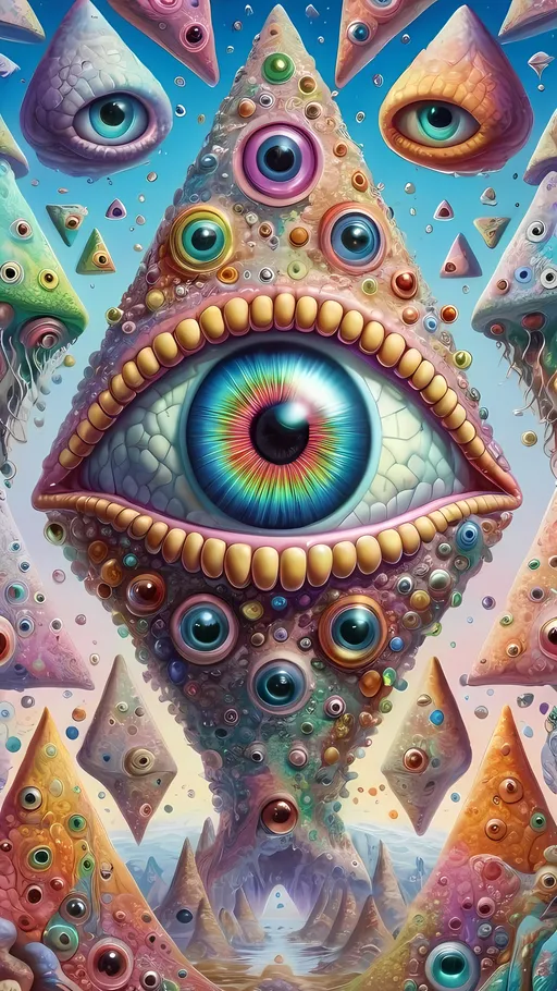 Prompt: an extremely hyper realistic ultra super textural weird trippy surreal psychedelic entity, gyroid structures, Pascal's Triangle, white, translucent, clear, bright bright pastel colors, oil slick rainbow sheen effect, lots and lots of light, lots of crazy colorful compound psychedelic human eyes, rows of human teeth, fungus, atoms, diatoms, gyroid structures, Pascal's Triangle