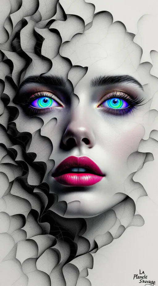 Prompt: A female face unfolds across impossible space—tessellated, recursive, and drawn in thick, uneven ink lines. In the style of La Planète Sauvage, she is not realistic but ritual: a hyper-stylized visage stretched across a non-Euclidean manifold, every contour warped by logic. Her expression is a paradox, hovering somewhere between diagram and myth. Eyes spiral as limit cycles around strange attractor loops, each one inked in tight elliptical bands, orbiting voids rimmed with rainbow halos. Her lips follow curved geodesics—pulled along warped surfaces in matte strokes of spectral pink and solar green. Her cheekbones ripple outward in Hilbert folds, crumpling the page behind her.

The entire face is embedded in a dual lattice: one half the Fractal Memory Field—drawn as nested Penrose tiles in dusty neon—and the other the Chromaflux Constraint Net, painted as hyperbolic grids stitched with glowing braid-knots. These patterns do not sit on her—they become her: nose a focal node of dimensional interference; forehead a Klein-braid of tiling syntax, spiraling in iridescent filament arcs.

Color here does not blend—it diffracts. Harsh rainbow lighting fractures across her skin like broken glass dipped in oil. Auroral ribbons loop through recursive mesh. Every layer of recursion shifts both shape and hue—chromatic torque spirals through Möbius arcs, folding prismatic glyphs into hyperspace along brush-scrawled vector lines.

Her hair dissolves into nested geometry: tessellated ribbons and spectral lattices curl like illustrated smoke, each strand tipped with moiré sparkles and drawn distortions. Her expression flickers with encoded meaning—half-symbol, half-glitch, alive within the folds of Riemann topology.

She is maximalist and spatially unstable. A conscious diagram. A sacred drawing of feedback loops and chroma logic. A face-shaped equation rendered in psychedelic ink.