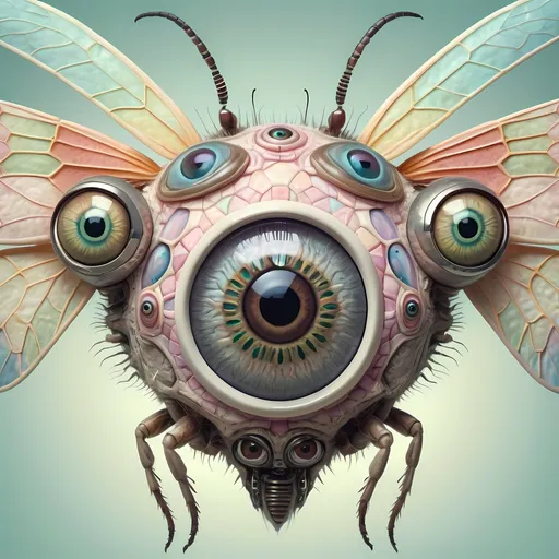 Prompt: A surreal extremely hyper realistic super textural psychedelic geometric eyeball creature with insect wings, pastel light colors,  lots of crazy trippy psychedelic human eyes, human teeth, organic and mechanical, multidimensional, weird surreal unsettling odd