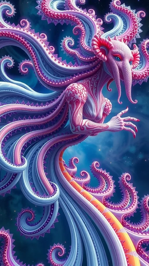 Prompt: A strange surreal beautiful flowing lithe interdimensional psychedelic entity/creature, made of fractal geometry, existing in many dimensions simultaneously, melting from one dimension to the next, phasing in and out of reality, inter dimensional fractal geometry come to life, psychedelic, trippy, weird, but beautiful, 