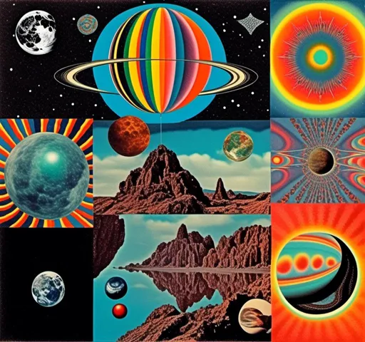 Prompt: A vintage 70s psychedelic collage with the theme “astral vacation”- incorporate themes of astral projection, the astral plane, the silver cord, use an astral brilliantly but sometimes muted opalescent color palette, & combine it all with planets, orbs, optical illusions and psychedelic trippy patterns, color spectrums as a surreal vintage psychedelic collage<mymodel>