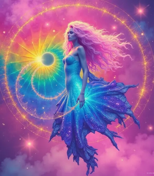 Prompt: A hyperdimensional entity emerges, composed of iridescent sacred geometry, kaleidoscopic Penrose tilings, and prismatic fractal halos. The figure pulses with shifting spectrums of rainbow light, flowing like liquid crystal through nested golden spirals and recursive toroidal fields. The form barely hints at its origin: a slim, ephemeral silhouette with long wild pink curls, dissolving into light. The style mirrors the surreal textures and otherworldly palettes of La Planète Sauvage, with matte, painterly gradients, soft outlines, and dreamlike ambient hues. The background floats in an astral void woven from cosmic lace, where strange organic machines and glyphic lifeforms orbit in silence. Human presence is reduced to a ghosted archetype, integrated within the sacred patterns like a forgotten myth encoded in divine circuitry.
— style: Cosmic Surrealism + La Planète Sauvage
— emphasis: Sacred Geometry + Oil-Slick Iridescence