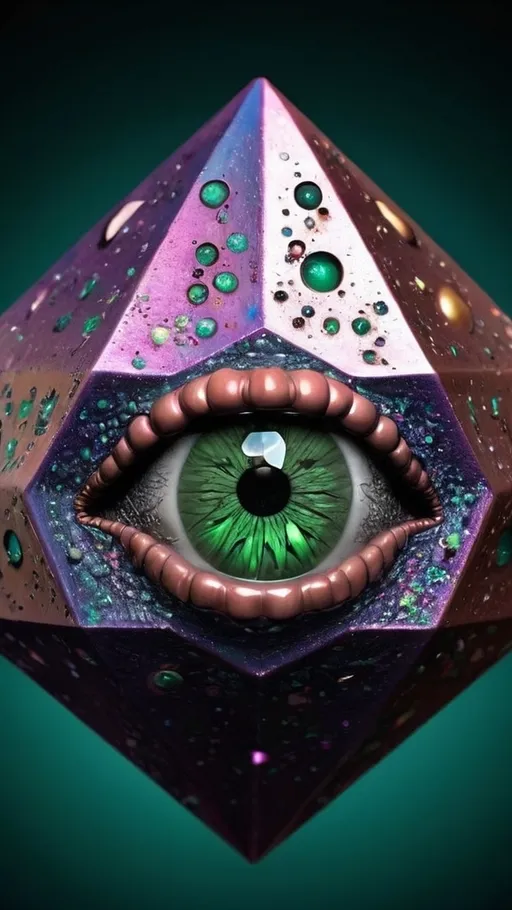 Prompt: Create an extremely hyper-realistic, ultra super textural, weird, trippy, surreal, psychedelic eyes/teeth/mouth pattern/design based on “Icosahedron” with lots of human eyes (crazy colorful compound psychedelic), rows of human teeth, human lips, and tongues. 

- **Colors**: determined by the properties and expressions of the elements (& their isotopes), minerals, and metals: Tantalum (Ta), Aventurine

**Shapes and forms**
- “Icosahedron”
-other shapes determined by the natural properties and expressions of the elements (& their isotopes), minerals, metals, and biological organisms: diatoms, Tantalum (Ta), Aventurine


- **Textures**: Derived from any/all elements (& their isotopes), minerals, metals, crystals, organic things mentioned in this prompt: Tantalum (Ta), “diatoms”, Aventurine

**Composition and Layout**:
- a pattern/design based on the “Icosahedron”

**Lighting**lots and lots of bright shining reflective light
- Trichroism


**Detail and Atmosphere**:
- Extreme hyperrealistic sharp high detail high definition organic and mineral textures
- Psychedelic, weird, odd, surreal atmosphere
- Frozen in time

**Additional Elements**:
- extra rows of teeth, lips, many eyes, diatoms, “ Icosahedron” , Aventurescence, Chatoyancy
