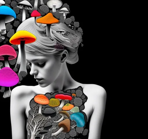 Prompt: A mixed media collage of a black and white photograph of a young woman growing all kinds of colorful multimedia psychedelic mushrooms and fungus out of her body (incorporate things like- but are not limited to - vibrant paints, enamels, glitters, metallic foils, newspaper and magazine cut paper, paint spatter, etc)<mymodel>